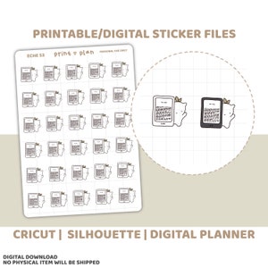 Könnte beinhalten: Ein Bogen mit druckbaren digitalen Aufklebern mit Illustrationen von E-Readern mit einem niedlichen, blattartigen Design. Die Aufkleber sind in einer neutralen Farbpalette gehalten, mit dem Text "Printable/Digital Sticker Files" oben. Der Text "ECHE 53" ist ebenfalls sichtbar.
