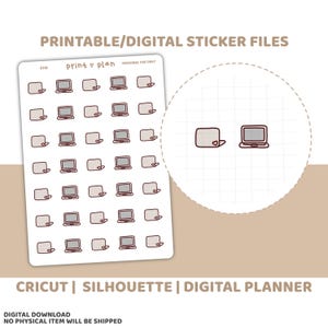 May include: A sheet of printable digital stickers featuring laptop and heart designs. The stickers are in shades of gray and pink. The text "Printable/Digital Sticker Files" and "Cricut | Silhouette | Digital Planner" are also visible.
