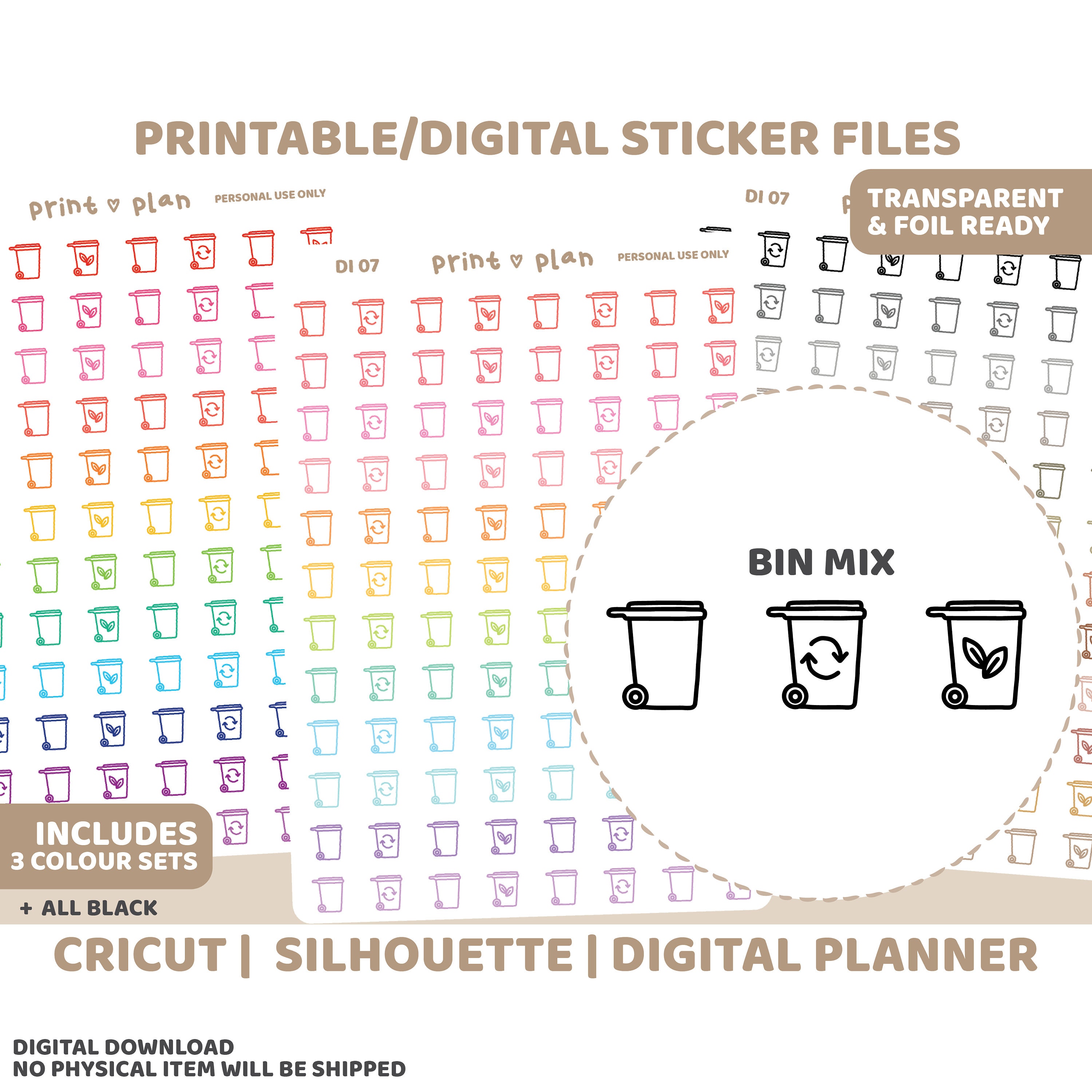 Bin Icon Printable Stickers | Digital Planner Sticker Download | Cut ...
