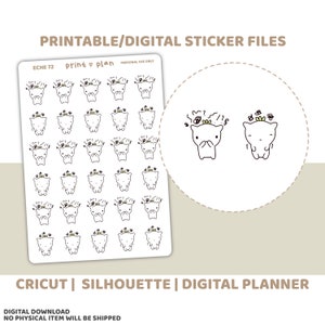 May include: Printable sticker sheet featuring a repeating pattern of cartoon cat faces with floral crowns. The sheet includes a circular design with two cat illustrations. Text on the sheet reads "Printable/Digital Sticker Files" and "CRICUT | SILHOUETTE | DIGITAL PLANNER".