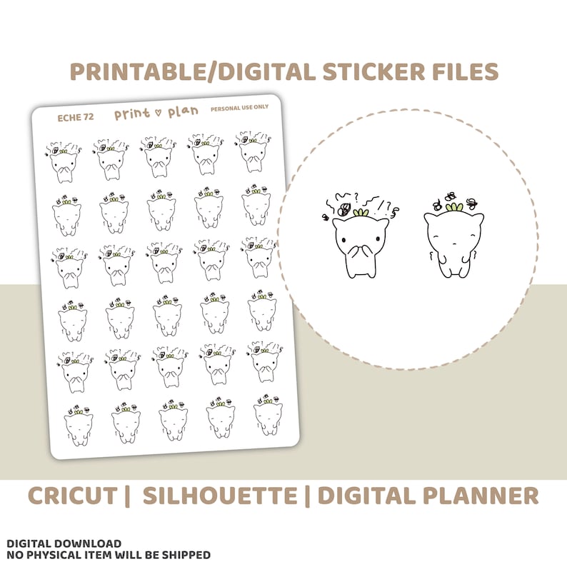May include: Printable sticker sheet featuring a repeating pattern of cartoon cat faces with floral crowns. The sheet includes a circular design with two cat illustrations. Text on the sheet reads "Printable/Digital Sticker Files" and "CRICUT | SILHOUETTE | DIGITAL PLANNER".