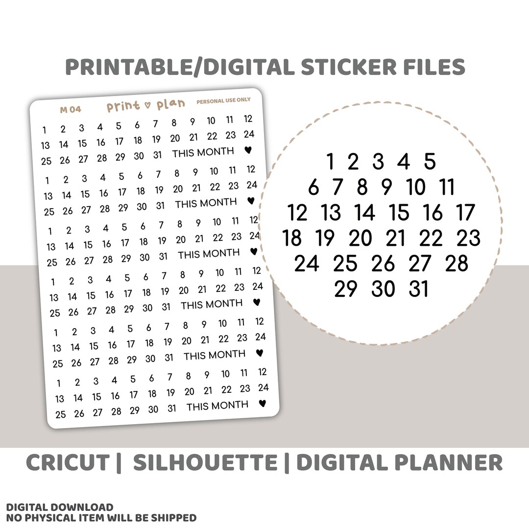 Dates 1-31 Printable Minimal Font Stickers | Digital Planner Sticker ...