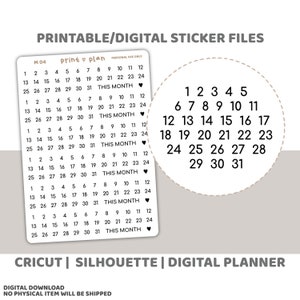 Pegatinas imprimibles con fuentes minimalistas de las fechas 1 a 31 / Pegatinas digitales para planificadores / Líneas de corte / Pegatinas imprimibles para planificadores / M04