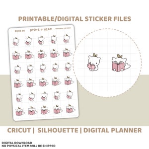 Könnte beinhalten: Ein Bogen weißer Aufkleber mit einer Cartoon-Katze, die ein rosa Buch liest. Die Katze hat ein kleines grünes Blatt auf dem Kopf. Der Text "PRINTABLE/DIGITAL STICKER FILES" steht oben. Die Aufkleber sind für Cricut, Silhouette und digitale Planer.