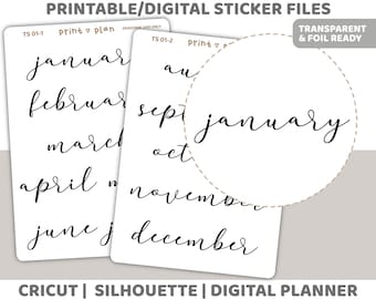 Large Month Printable Thin Script Word Stickers | Digital Planner Sticker Download | Cut Lines | Planner Sticker Printable | TS01