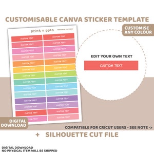 Könnte beinhalten: Eine anpassbare Canva-Aufklebervorlage mit farbigen Rechtecken mit der Aufschrift "CUSTOM TEXT". Das Design enthält den Text "EDIT YOUR OWN TEXT" und "CUSTOMISE ANY COLOUR". Die Wörter "DIGITAL DOWNLOAD" und "SILHOUETTE CUT FILE" sind ebenfalls sichtbar.