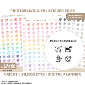 Afdrukbare stickers vliegtuigreispictogram | Digitale plannersticker downloaden | Snijlijnen | Plannersticker afdrukbaar | DI31