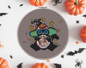 Halloween, Wizard cat, Magician cat, Cross stitch pattern PDF