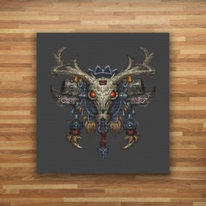 May include: A detailed, pixelated image of a skull with antlers, surrounded by intricate metalwork and a dark gray background. The skull has glowing red eyes and a bone-like texture.