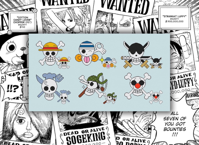 The Straw Hat Pirates stickers, logo, Buggy the Star Clown logo, One Piece, Cross stitch pattern PDF \ SAGA image 1