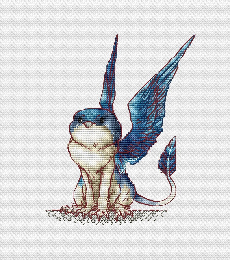 May include: A blue and white cross-stitch pattern of a mythical creature with wings and a tail. The creature has a fluffy white body and a blue head with a beak.