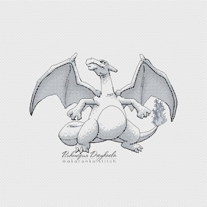 May include: A monochrome cross-stitch design of a dragon-like figure with large wings, sitting with its wings spread. The creature has a long tail with a flame at the end. The text "Buktopur Dzykaeva makaronka stitch" is at the bottom.