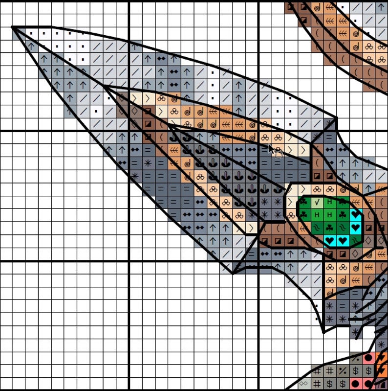May include: A cross stitch pattern featuring a detailed design of a bird with a green, blue, and brown wing. The pattern includes various symbols and arrows to guide the stitching process.