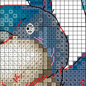 May include: A cross-stitch pattern with a variety of symbols and colors, including blue, brown, and white. The pattern features a variety of geometric shapes, including squares, diamonds, and circles.
