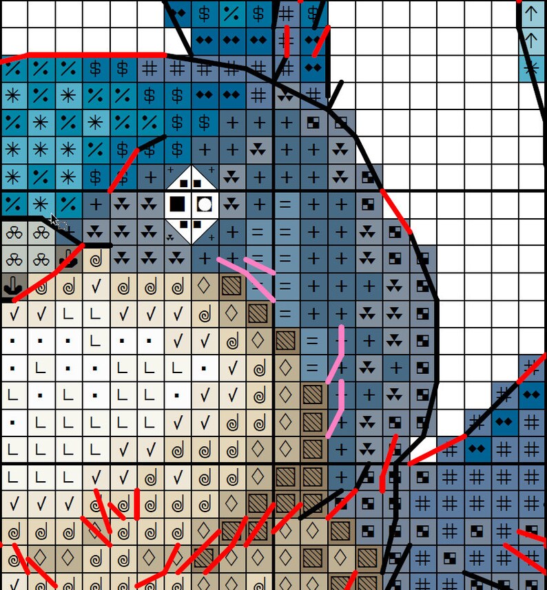 May include: A cross-stitch pattern with a variety of symbols and colors, including blue, brown, and white. The pattern features a variety of geometric shapes, including squares, diamonds, and circles.