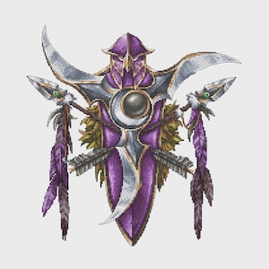 May include: A purple and silver embroidered patch with a stylized bird design and feathers. The patch has a crescent moon shape and is surrounded by a silver frame.