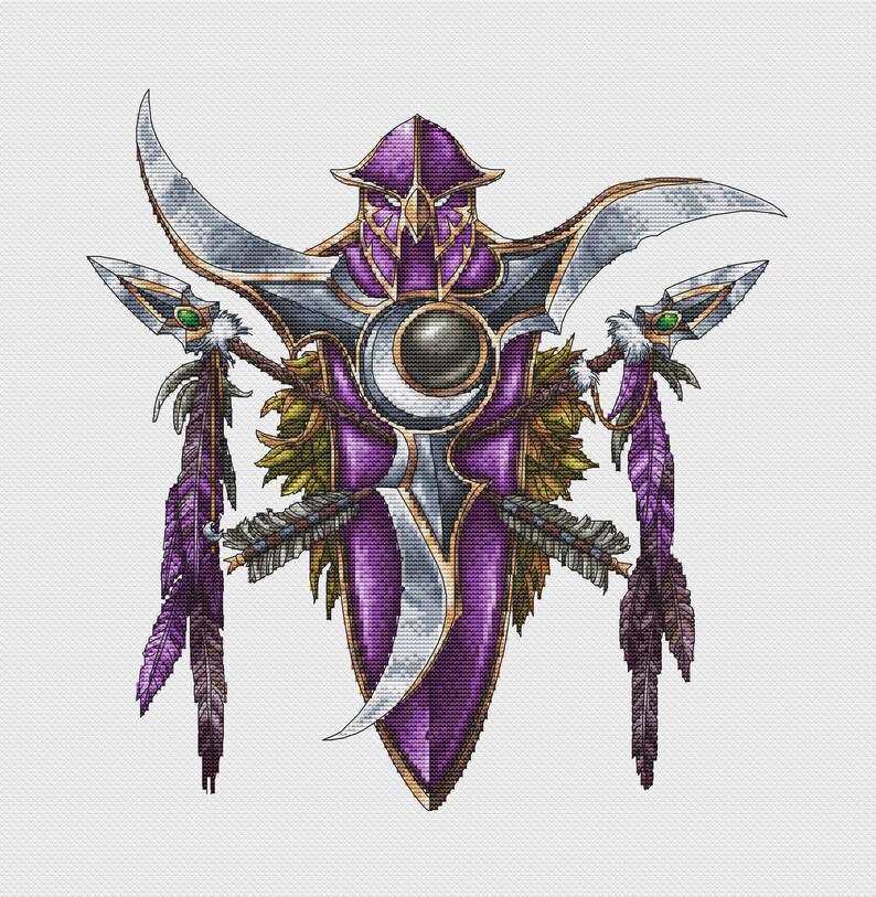 May include: A purple and silver embroidered patch with a stylized bird design and feathers. The patch has a crescent moon shape and is surrounded by a silver frame.