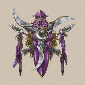 May include: A purple and silver shield with a feathered design and a crescent moon shape in the center. The shield is surrounded by two feathered spears.