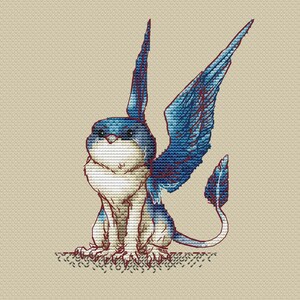 May include: A blue and white cross-stitch pattern of a mythical creature with wings and a tail. The creature has a fluffy white body and blue wings and tail.