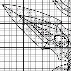 May include: Black and white cross stitch pattern with various symbols and arrows. The pattern is on a grid with black lines.