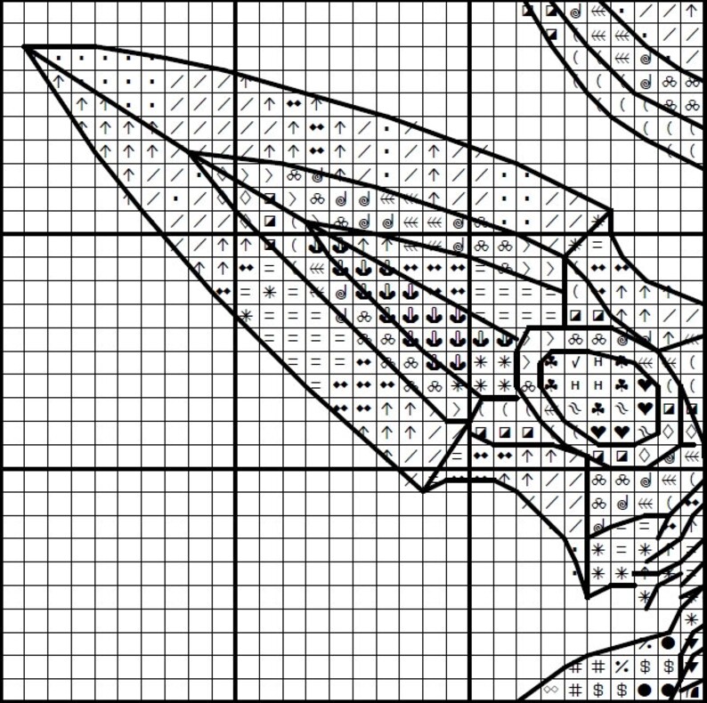May include: Black and white cross stitch pattern with various symbols and arrows. The pattern is on a grid with black lines.