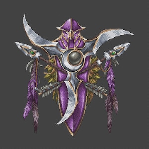 May include: A purple and silver shield with a crescent moon and a bird design. The shield is surrounded by two feathered spears with green gems.
