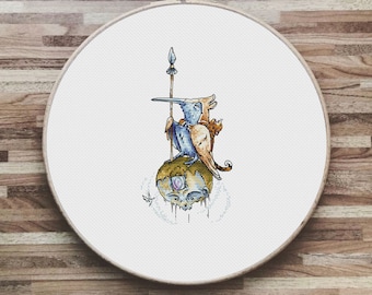 Hummingbird, Bird warrior with spear, Cross stitch pattern PDF