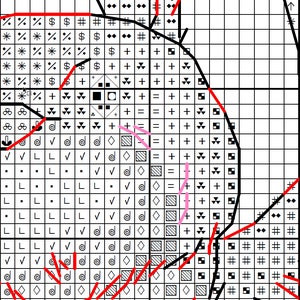 May include: Black and white cross stitch pattern with red and pink lines indicating the direction of the stitches. The pattern includes various symbols, including arrows, squares, and circles.