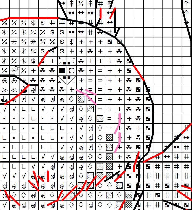 May include: Black and white cross stitch pattern with red and pink lines indicating the direction of the stitches. The pattern includes various symbols, including arrows, squares, and circles.