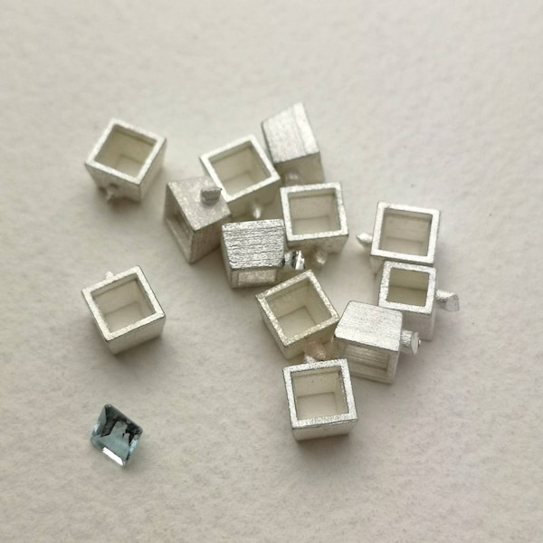 4mm Square collet recycled sterling silver or 9ct gold cast stone setting