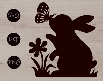 Bunny with Butterfly and Flowers Silhouette Digital File for Plotter, Laser Cut, Cricut, Glowforge SVG DXF PNG