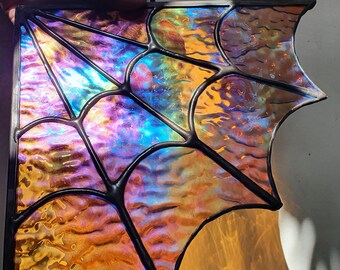 Stained Glass Cobweb in Iridescent Amber Textured Glass / READY MADE / Gothic Gift Decoration Halloween