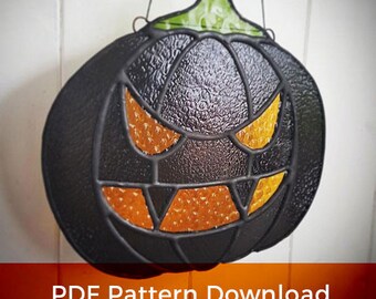 Stained Glass PATTERN / Creepy Evil Pumpkin Stained Glass Pattern PDF for Instant Download / Halloween Pumpkin Cartoon