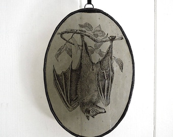Stained Glass Oval Hanging Bat on Grey / Gothic Memento / Victorian Style Decor / Steampunk Art Bat