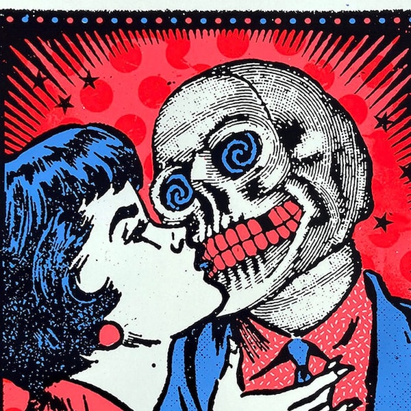 LOVERS - Hand Made, Screen print, Skeleton, Spooky, Love, Skull art, Halloween, Cool, alternative, fun, wall art, street art, Unusual, gift