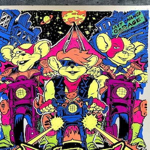 May include: A neon pink, yellow, and blue graphic print of three cartoon mice riding motorcycles. The mice are wearing leather jackets and sunglasses. The print is titled "Rebel Rodents" and features a cityscape in the background.