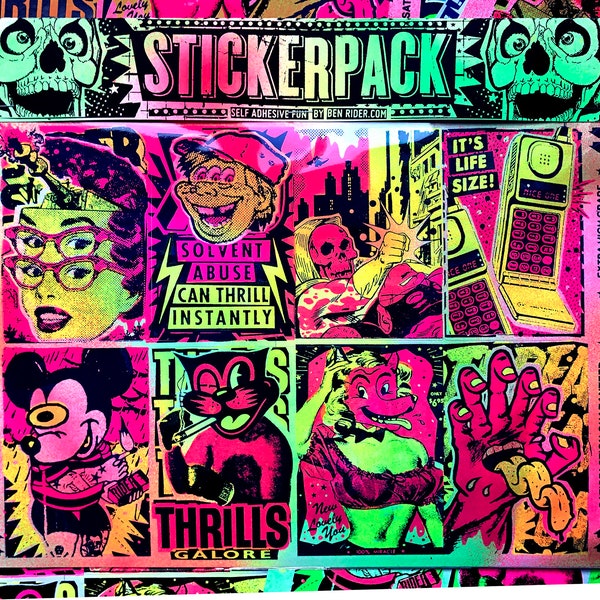 SUGAR RUSH STICKERPACK!!! Screenprint, pop art, colourful, neon, punky, weird gift, cool, original, street art, stocking filler, alt, skater