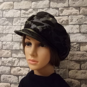 Black Leather Newboy Cap Woman&#39;s Driving Kepi (Size 57-59 D27,5 cm)
