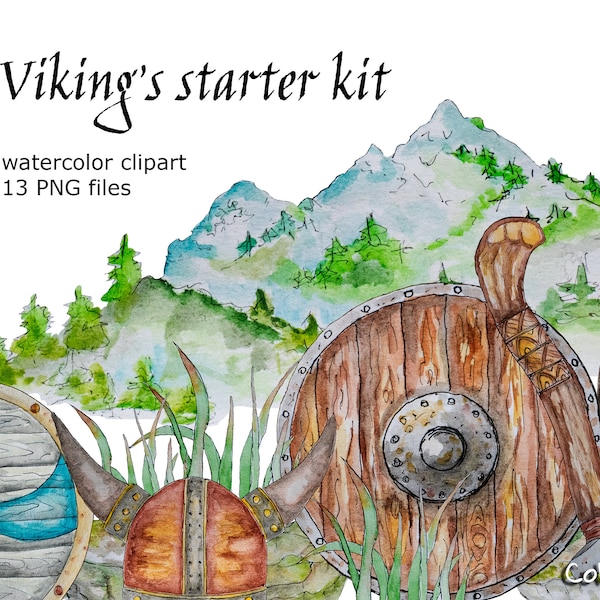 Watercolor Viking Clipart Weapons armor clip art PNG gift for him Scandinavian nature mountains fantasy hand drawn for boys warrior ax axe