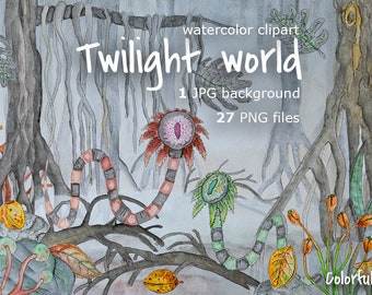 Aquarel fantasie clipart fantastische png-huisdecoratie monsters wortels van bomen mist schemering beest verbeelding