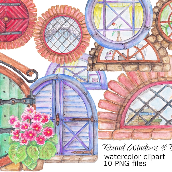 Watercolor Doors Windows Clipart Round green old architecture home ancient vintage fantasy hand drown art PNG