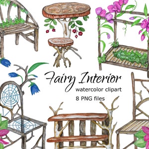 Aquarel Fairy Clipart Interieur meubels home decor huis tuin bloem mos oude vintage fantasie fantastische hand verdrinken kunst PNG tuin