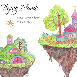 Aquarel Flying Islands Clipart PNG fantastische fantasie sky landschap scrapbooking kaart clip art