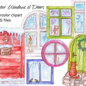 Aquarelle Portes d’hiver Fenêtres Clipart Maison de Noël Architecture d’intérieur maison oiseaux neige givre glaçons chat PNG