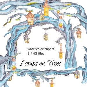 Watercolor Lamp Lanterns Trees Clipart romantic night fantasy fairy forest Halloween home decor Street lights banner clip art PNG
