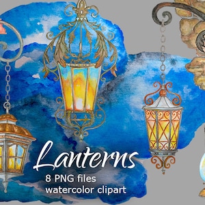 Aquarel lantaarns Clipart Lamp Street lichten illustraties PNG romantische nacht home decor vintage oude