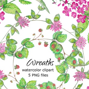 Forest flower wreaths Strawberry Watercolor Clipart Summer florals Strawberry berry Wedding invitation scrapbooking set PNG