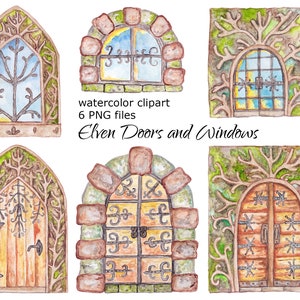 Aquarel deuren Windows Clipart Elven Elf Fairy Fantastic Fantasy Oud huis Interieur architectuur huis oude vintage PNG