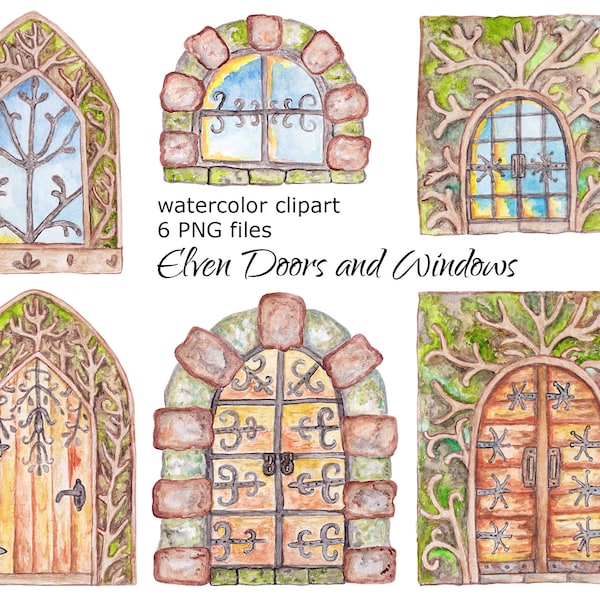 Watercolor Doors Windows Clipart Elven Elf Fairy Fantastic Fantasy Old home Interior architecture house ancient vintage PNG