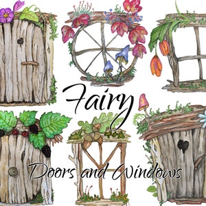 Watercolor Fairy Doors Windows Clipart home decor house garden flower ivy moss ancient vintage fantasy fantastic hand drown art PNG garden